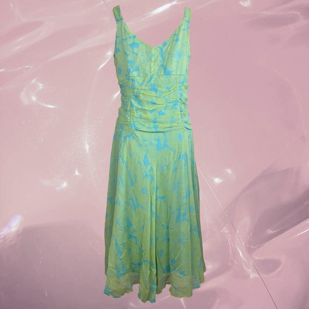 Y2K Fairy core bias cut Green/blue floral silk mermaid dress - Picture 2 of 8